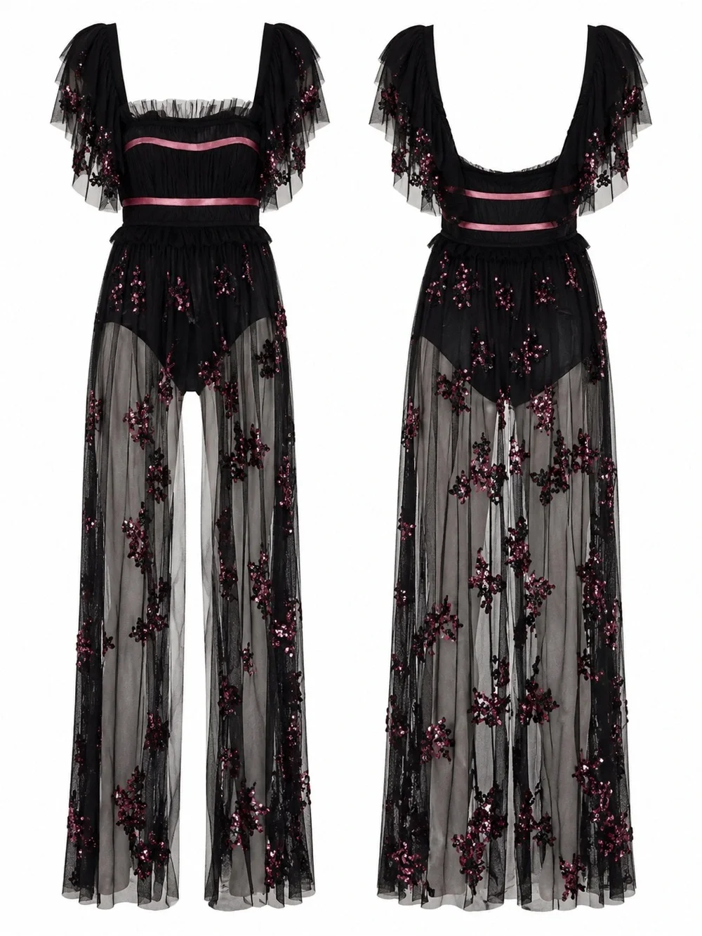 Free People Just A Dream Maxi Bodysuit Black Sequin Sheer Mesh Dress Size Small - Picture 6 of 16